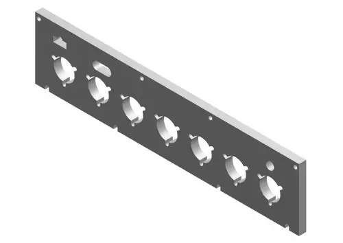 Graue Montageplatte mit fünf kreisförmigen Öffnungen und einer zusätzlichen Aussparung, hergestellt von Bosch, geeignet für Heizungsinstallationen.